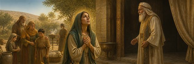 Hannah praying earnestly near Eli at the sanctuary in Shiloh